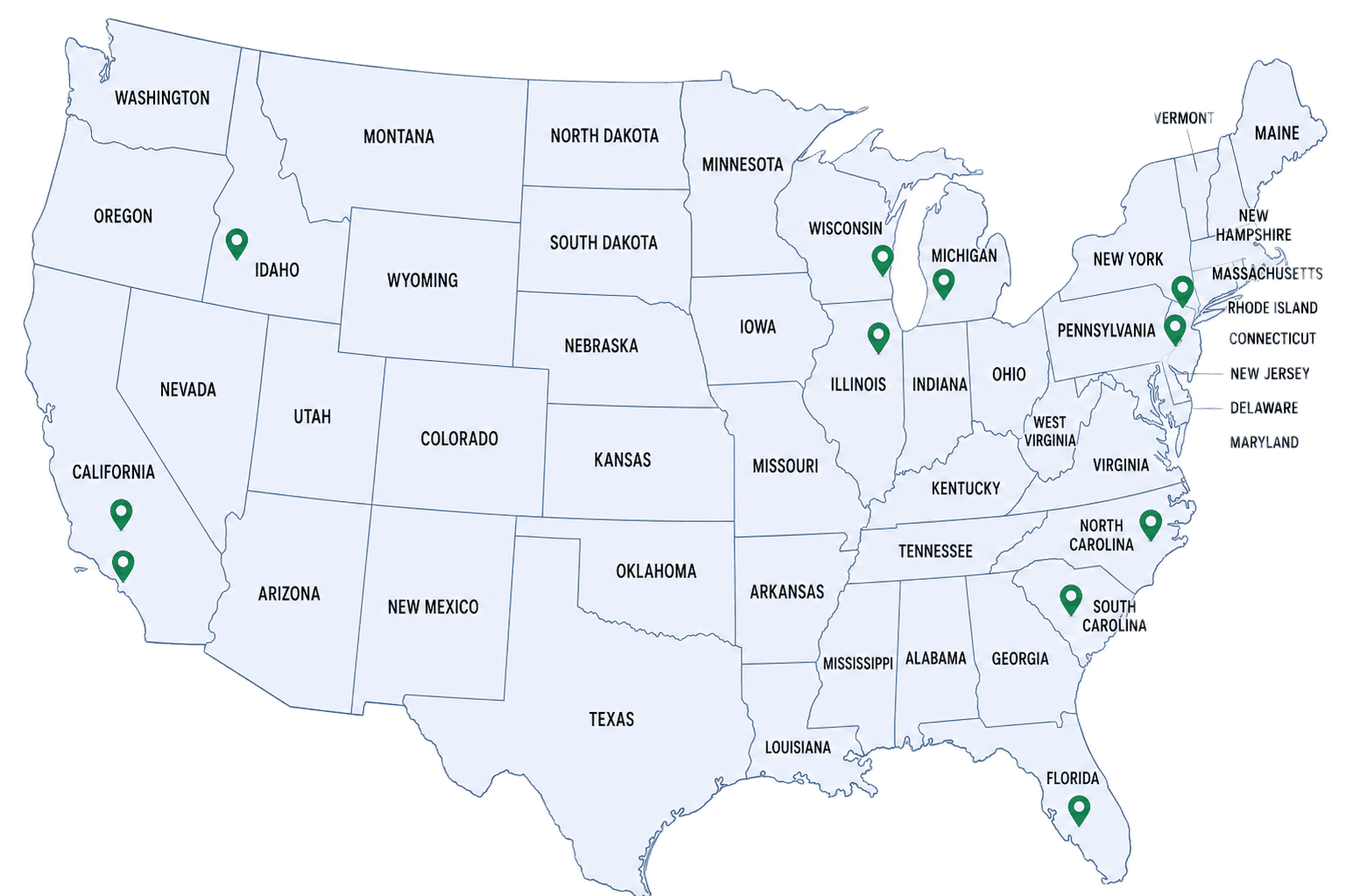 image of a map of the united states with pins to show Sparks Mol Sales Rep locations.
